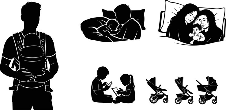Parenthood and Baby Care Icon Set Featuring Parents Holding Infants in Carriers Sleeping Babies with Parents Children Playing with Tablets and Modern Stroller Designs Vector