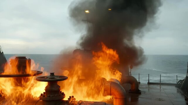 Dramatic Scene of a Burning Tanker Ship with Thick Smoke and Flames During Maritime Emergency at Strait of Hormuz