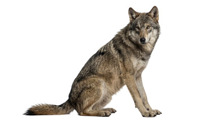 A stunning photograph of a majestic gray wolf, Canis lupus, sitting attentively. © Kathryn