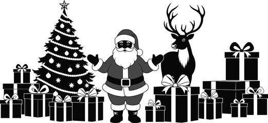 Christmas holiday scene with Santa Claus, decorated Christmas tree, reindeer and gift boxes, festive winter celebration concept isolated vector illustration for greeting and seasonal design © Mahmudul