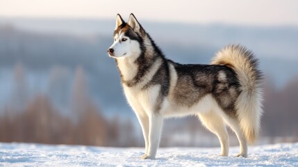 Naklejka premium Majestic Siberian Husky Standing Gracefully in Snowy Landscape Under Soft Natural Light at Dawn