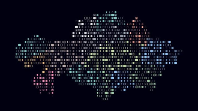 Kazakhstan animated country shape. Pulsating colored dots on the map of the country. Small size rounded square blocks. Digital style Kazakhstan map on dark background. Stylish animation video.