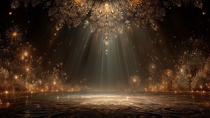 Fototapeta premium Luxurious festive background with golden fireworks, sparkling champagne bubbles, rich velvet and ornate gold patterns, soft spotlight glow, symmetrical design, elegant high-end celebration atmosphere