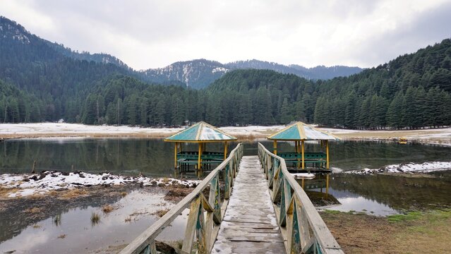 Khajjiar Lake with frozen ice located at Himachal Pradesh Chamba district also called as Mini Switzerland of India