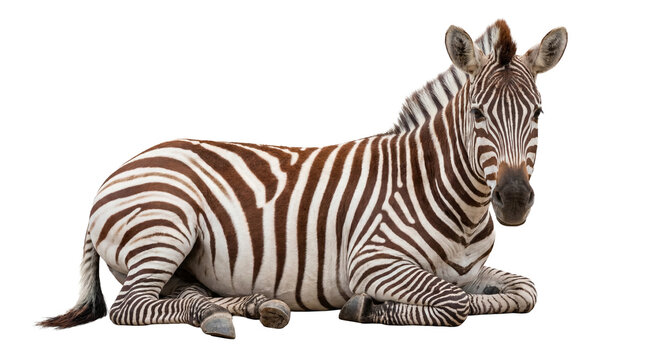 A majestic plains zebra gracefully resting, isolated on a transparent background.