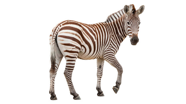 A plains zebra standing gracefully, turning its head to look, isolated on a transparent background.