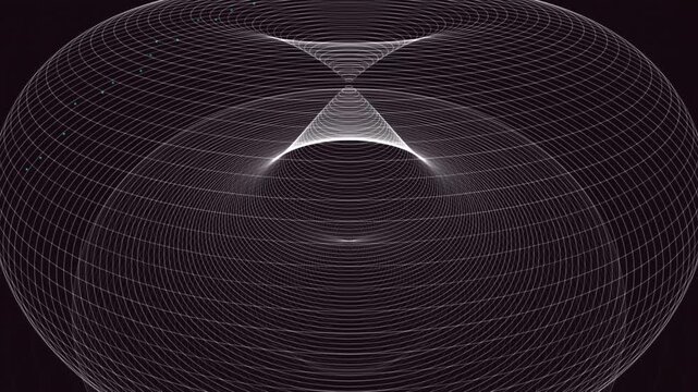 Seamless 4K loop of glowing wireframe torus rings projected from 4D hypersphere via Hopf Fibration. Ribbons invert through a stereographic singularity in glacial celestial motion. Ideal for tech, AI