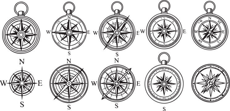 A collection of compass designs with various orientations and styles Vector