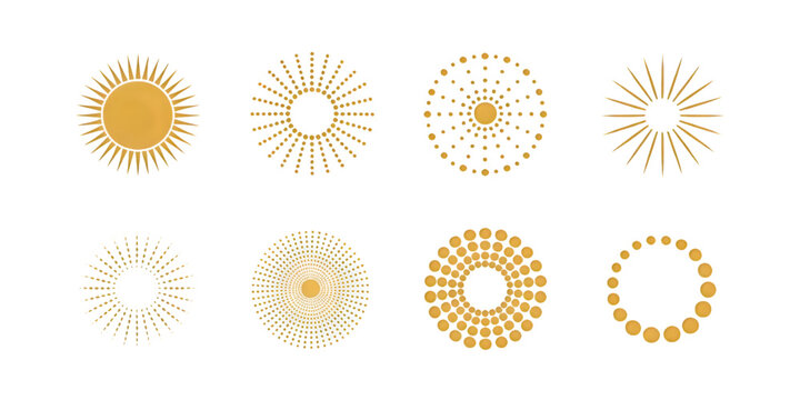 A collection of eight unique golden sun and circular burst icons isolated on a plain white background