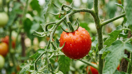 Obraz premium Dewy tomato on the vine, vibrant and fresh.