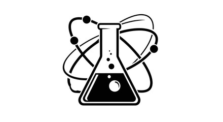 Abstract atom model with orbiting electrons surrounding a scientific beaker containing liquid symbolizing chemistry