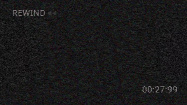 Retro 4K Vintage VHS defects noise. Cinematic VCR rewind sign with magnetic signal glitches. Professional analog tape distortion and static texture