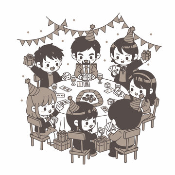 Friends Enjoying a Fun Game Night Celebration with Gifts and Party Hats