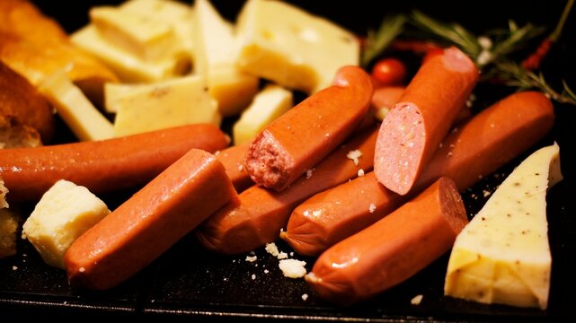 This is a photo of the sausage and cheese before they're cooked. They look fresh and natural, and the color and texture make us want to cook and eat them right away.