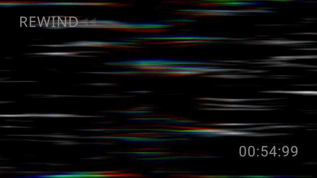 Authentic VCR rewind arrows with Vintage VHS defects noise. 4K analog signal glitches and magnetic distortion. Professional retro tape overlay
