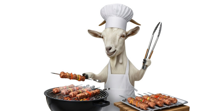 Goat chef grilling meat skewers.
