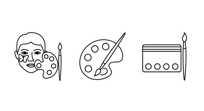 Set of artistic icons representing face painting art palette with brushes and makeup kit symbolizing creativity