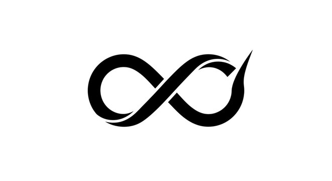Minimalist black and white infinity loop logo symbol representing endless possibilities, continuity, and modern technology concept.
