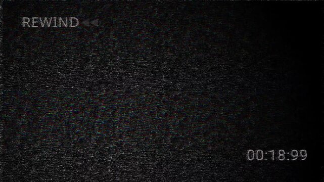 Gritty Vintage VHS defects noise. 4K analog VCR rewind arrows with chromatic aberration. Cinematic magnetic tape damage for professional video edits
