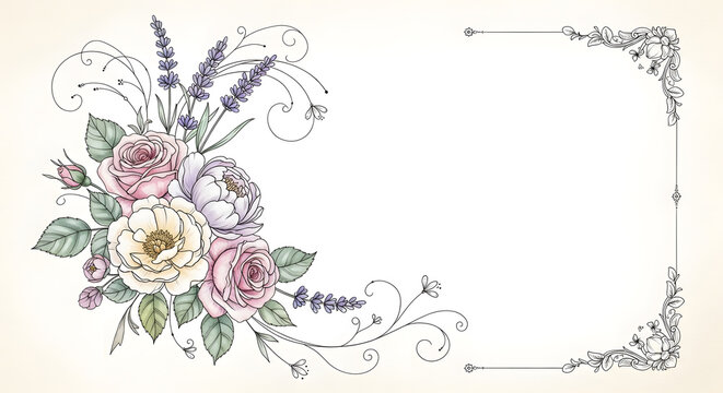 A delicate hand-drawn floral border with pastel roses and lavender stems surrounding a white empty space for text