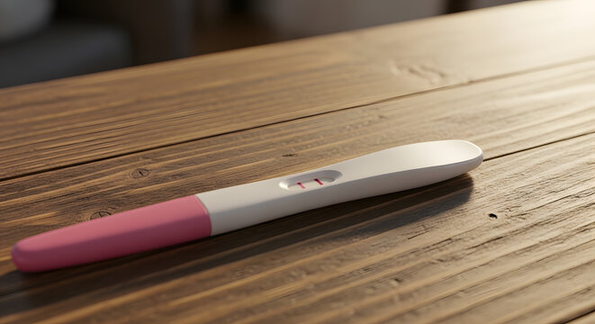 Two red lines on a pregnancy test device lying on a wooden surface