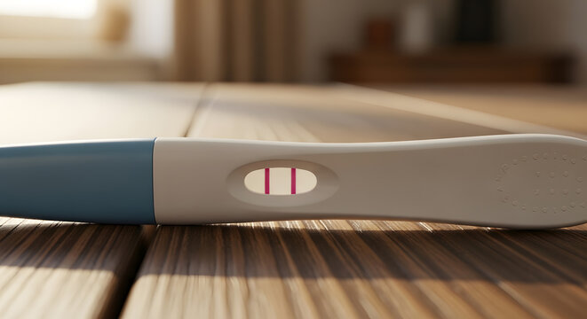 A close up view of a positive pregnancy test showing two lines on a wood table