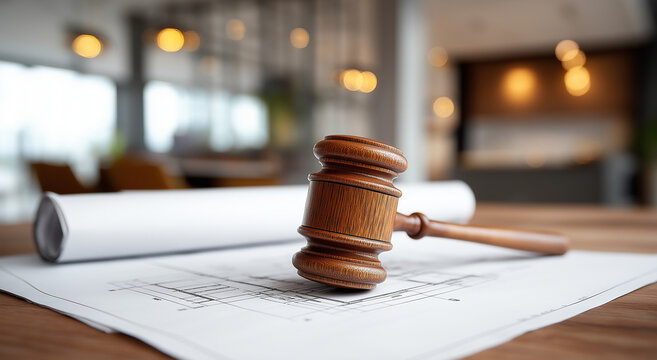 Judge gavel on architectural blueprint symbolizing construction law building permits and legal approval in urban development