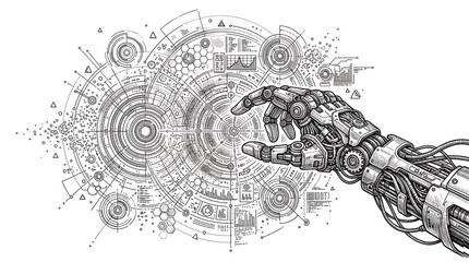 Obraz premium Robotic Hand Interacting with Complex Digital Interface.