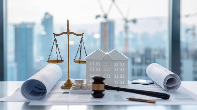 Real estate legal compliance concept with scales of justice judge gavel house model and blueprints in urban development office