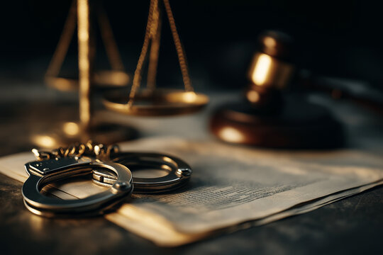 Handcuffs on legal document with judge gavel and scales of justice in courtroom, criminal law concept, arrest procedure and judicial enforcement