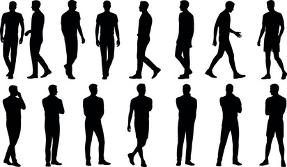 Male human silhouettes collection in various standing and walking poses isolated on light background, diverse body language illustration for people, lifestyle, character design concept © MstRazia