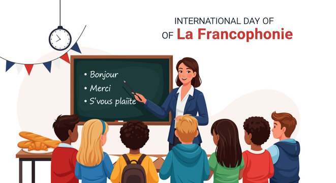 A teacher points to a blackboard with French phrases during an International Day of La Francophonie celebration in a classroom setting with students.