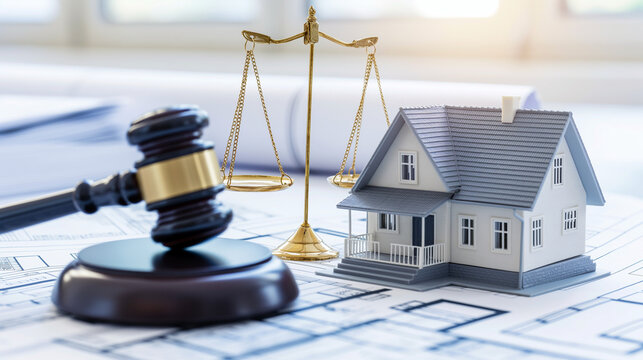 House model with scales of justice and judge gavel on blueprint plans symbolizing real estate law property rights and housing regulation