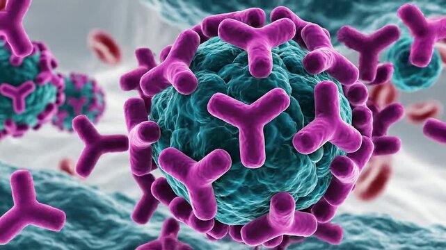 Virus particles in the bloodstream interacting.