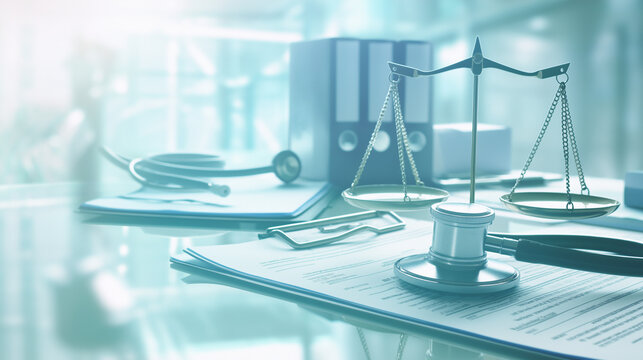 Judge gavel and scales of justice on legal documents in office, medical law concept, professional regulation, compliance and administrative judicial review