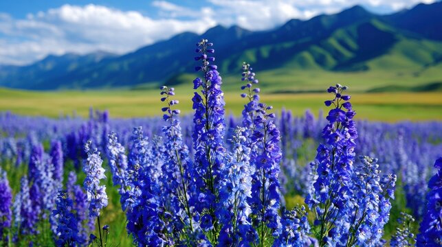 Deep indigo delphinium flowers stretching towards the sky with distant mountains and green fields