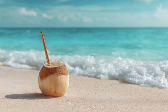 Kenting Baishawan Beach Taiwan, tropical drink with coconut and straw on white sand beach, turquoise ocean background, summer vacation concept, refreshing holiday mood, shallow depth of field.