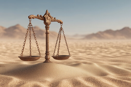 Scales of justice half buried in desert sand symbolizing forgotten law, legal erosion, judicial neglect and fragile balance concept