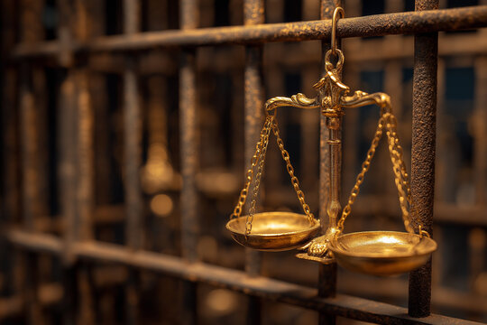 Golden scales of justice hanging on prison bars symbolizing law enforcement, criminal justice system and punishment concept