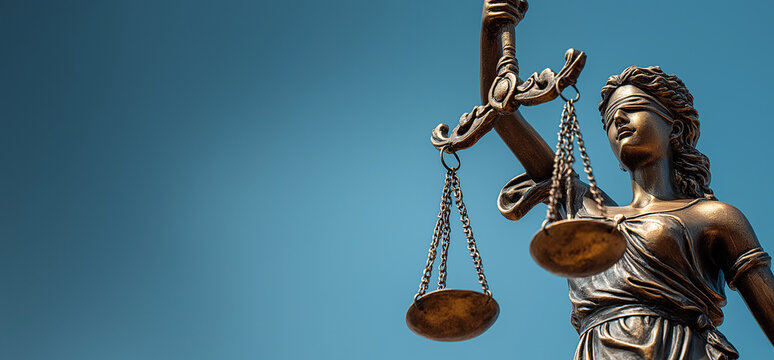 Lady Justice statue holding scales against blue sky background symbolizing fairness, impartial law and judicial authority
