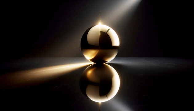 A polished solid gold sphere mockup resting on a vast slab of absolute black granite under a single pinpoint spotlight, Ai generated image