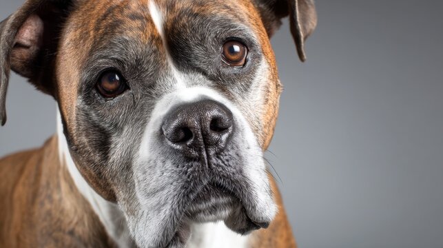 Close-Up Portrait of a Brown Boxer Dog with Expressive Eyes and Distinctive Furred Coat Against a Gray Background