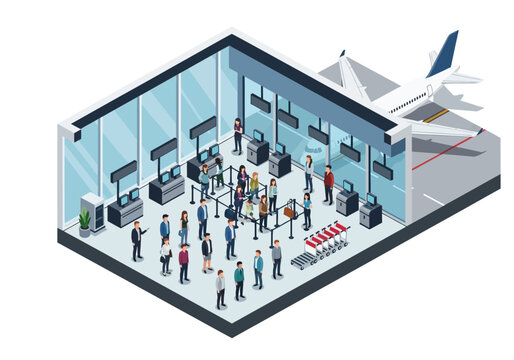 Isometric view of a busy airport check-in counter with passengers queuing and an airplane visible outside