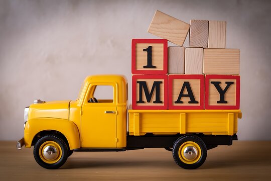 Vintage yellow truck with may 1st calendar blocks and cardboard boxes