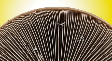 Close-up of mushroom gills against yellow background