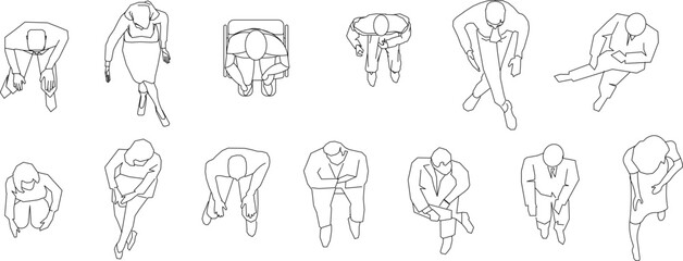 Naklejka premium Technical architectural plan view drawing showing human figures in various standing, sitting, and bending poses for scale reference in 2D line art.