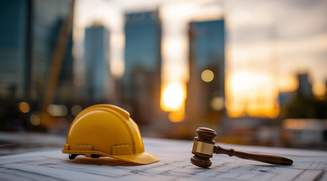 Judge gavel with construction helmet on blueprint at city building site, construction law concept, infrastructure regulation and legal compliance in engineering