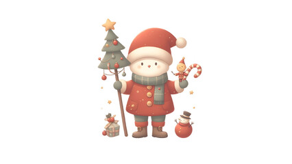 Fototapeta premium Cute Snowman Dressed as Santa Claus Carrying Holiday Greenery and Ornaments Illustration