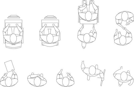 Technical architectural plan view drawing showing human figures in various sitting, working and relaxed poses at desks and lounging for scale reference.
