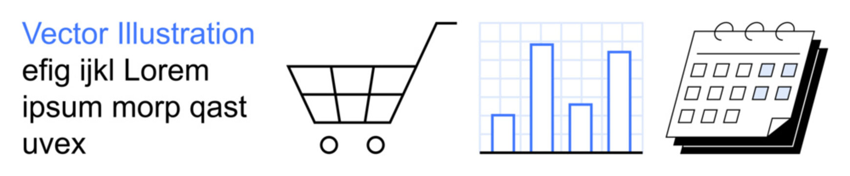 Business management, online shopping, data analysis, scheduling, financial planning, productivity tools. Shopping cart, bar graph calendar icons in black and blue. Online shopping and data analysis